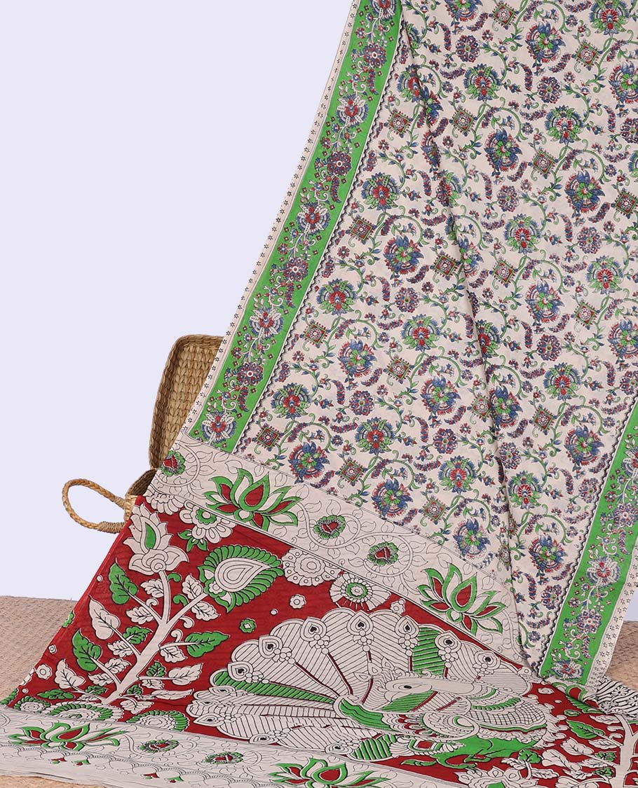 Cream unique design machine-printed kalamkari cotton saree with contrast floral border & peacock design pallu