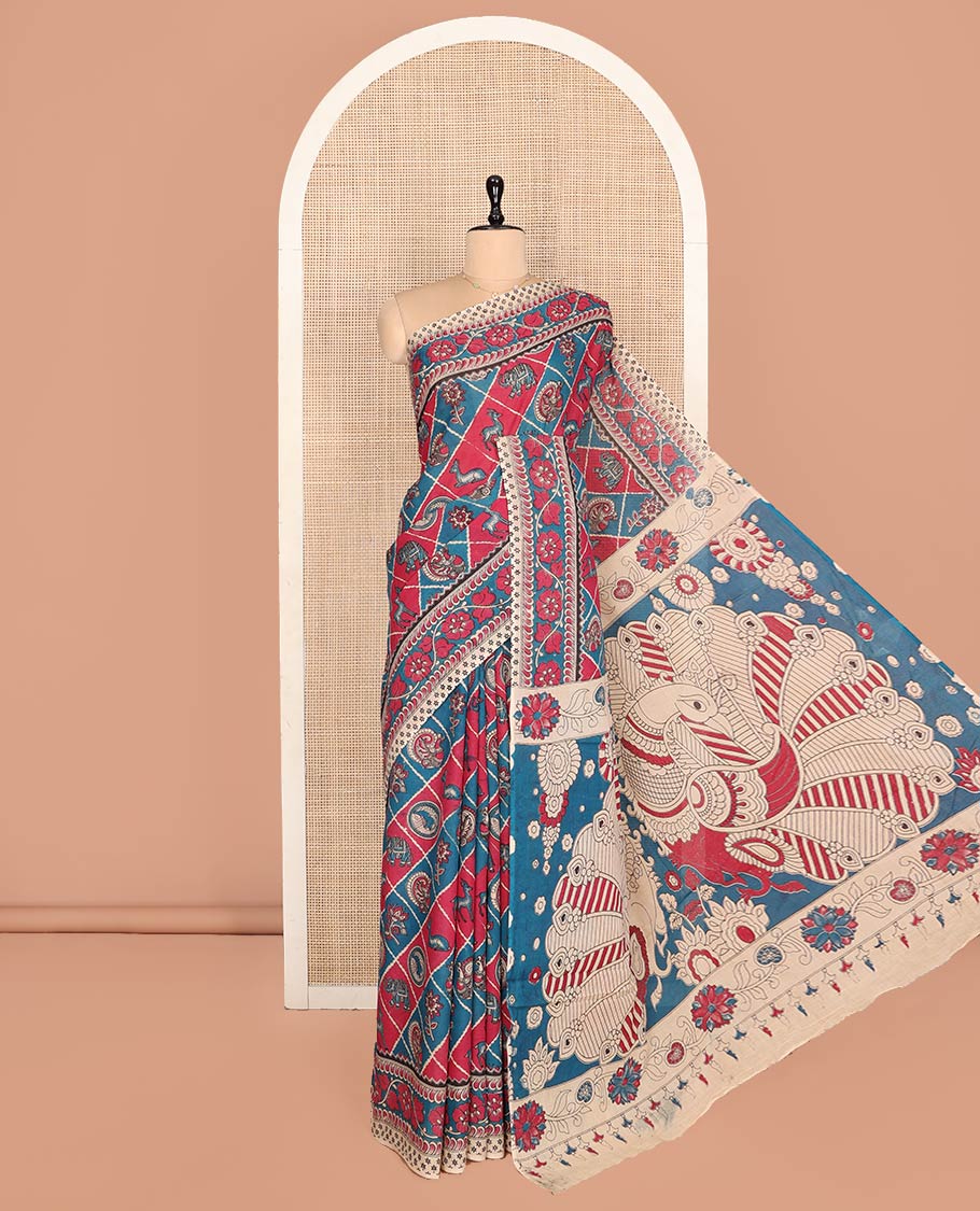 Blue Machine-Printed Kalamkari Cotton Saree Features Butta Enclosed Jaal, Floral Printed Border, Pallu of Peacocks, and a Contrast Blouse