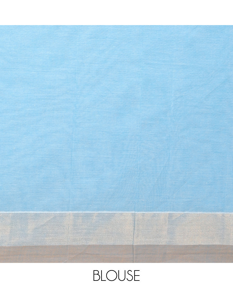 Blue paisley buttas kanchi cotton saree, contrast plain border, and floral-geometric pallu