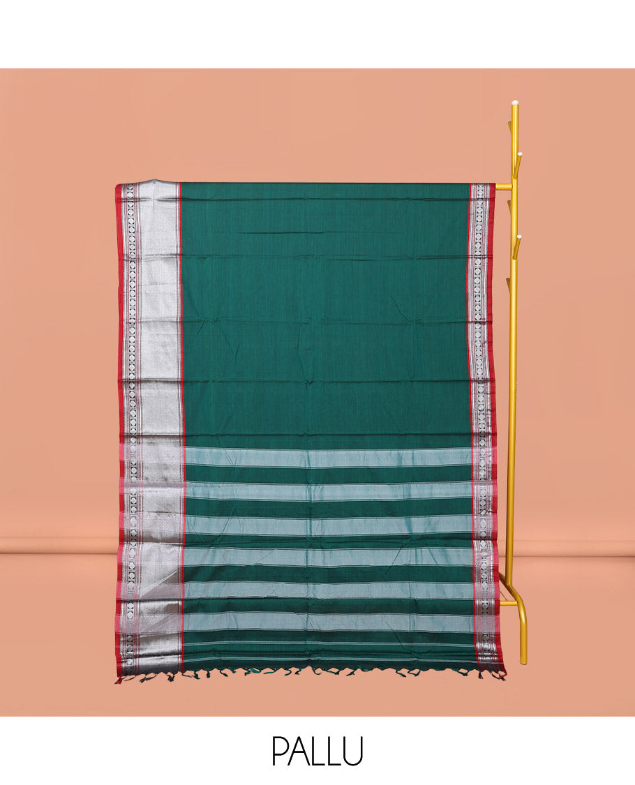 Green Plain Narayanpet Cotton Saree, Complemented by a Contrast Traditional Design Border, Striped Pallu, and Comes Without a Blouse