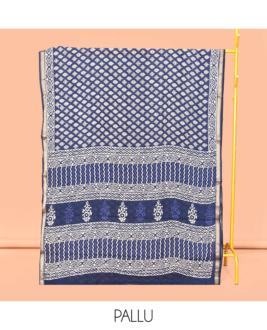 Blue Mul Mul Cotton Saree, Ornamented with Block Print, a Piping Border, Geometric-Printed Pallu, and a Matching Blouse