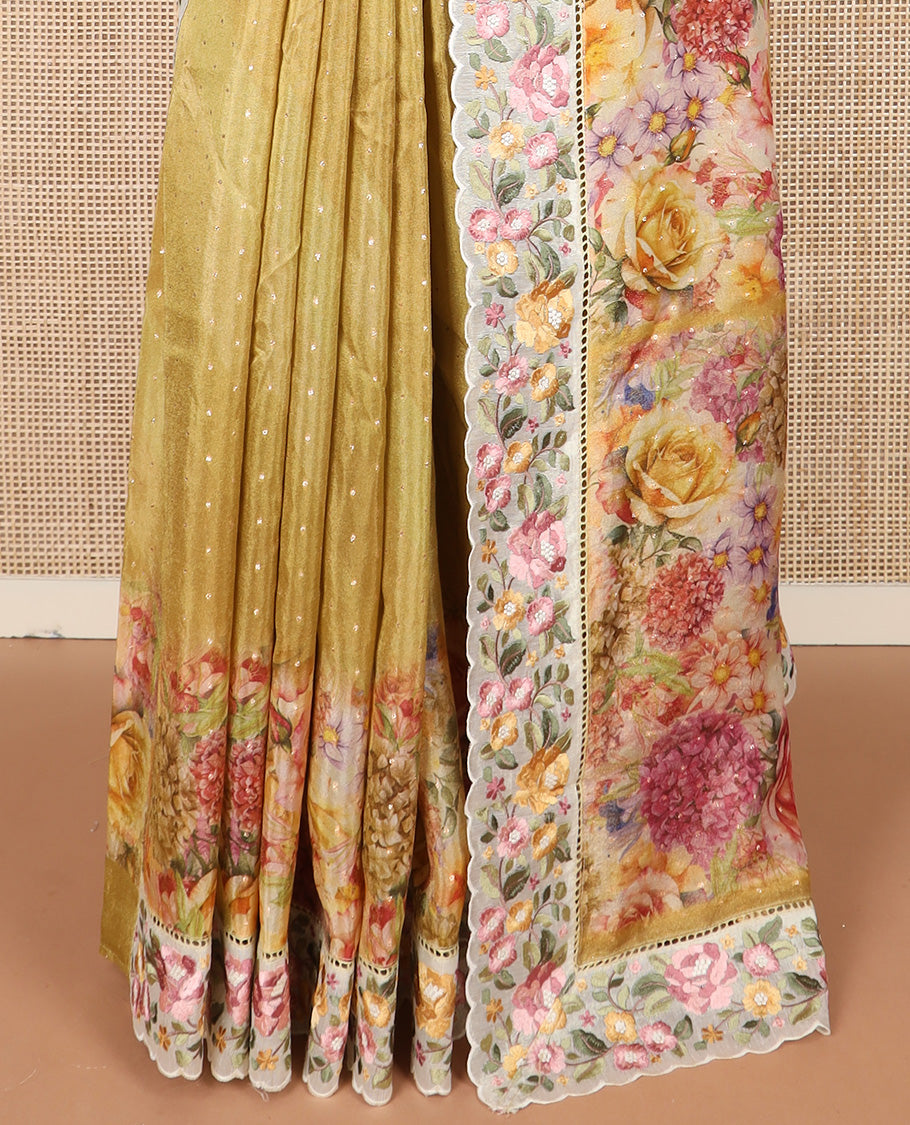 Mustard buttas with floral printed dola silk saree, contrast floral embroidered scallop border