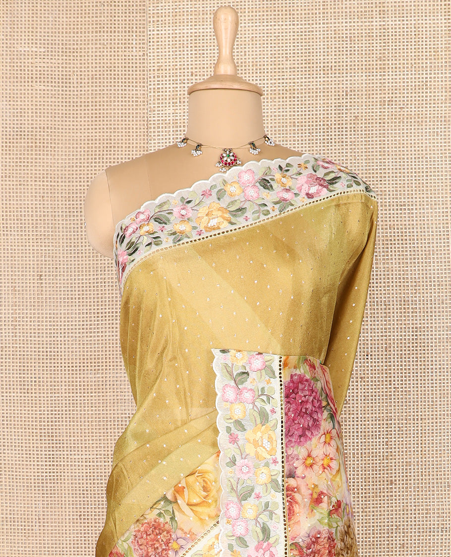 Mustard buttas with floral printed dola silk saree, contrast floral embroidered scallop border