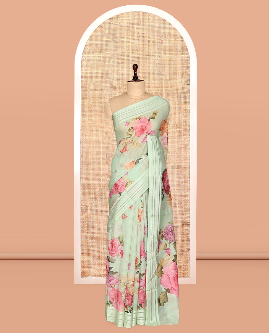 Sea Green Floral Print Kota Saree