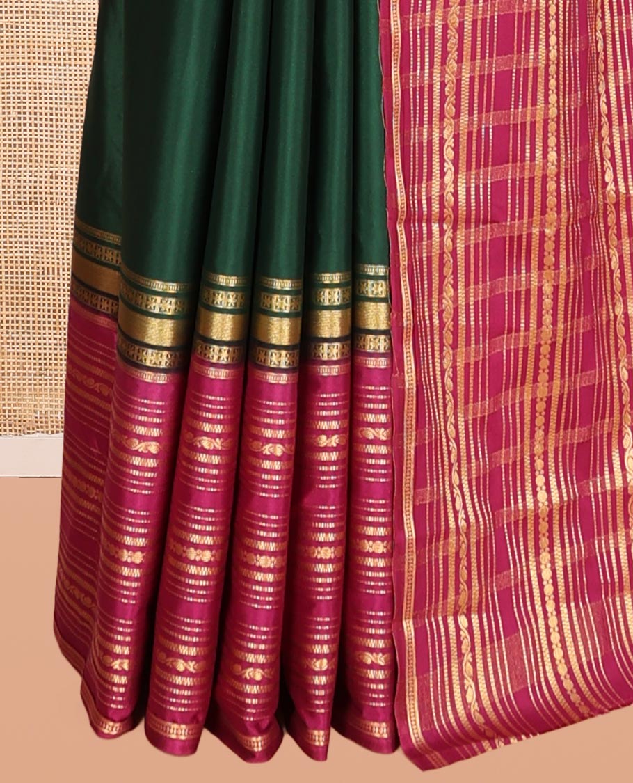 Bottle Green Semi-Mysore Silk Saree, a Contrast Big Traditional Zari Border, Striped Pallu, a Contrast Blouse