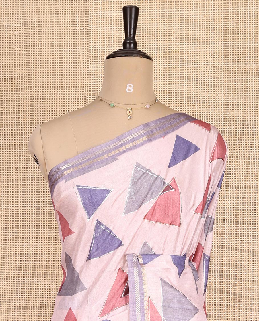 Pink Fancy Tussar Silk Saree Features Triangle Motifs, Zari Border, Striped Pallu, Matching Blouse
