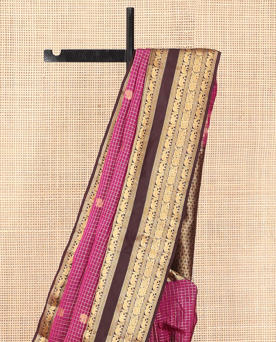 Magenta Checked Vasundhara Lite Silkmix Saree, Contrast Elephant Border, Jaal Pallu, and Contrast Blouse