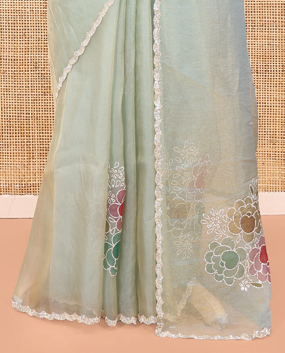 Blue Designer Saree, Creatively Designed with Floral Print and Outline Embroidery On Its Body, Scallop Stone Work Border, and Paired with a Matching Blouse