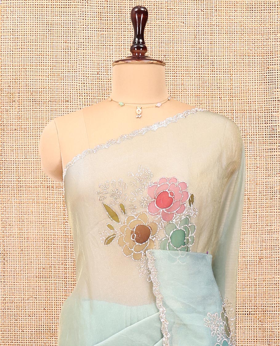 Blue Designer Saree, Creatively Designed with Floral Print and Outline Embroidery On Its Body, Scallop Stone Work Border, and Paired with a Matching Blouse