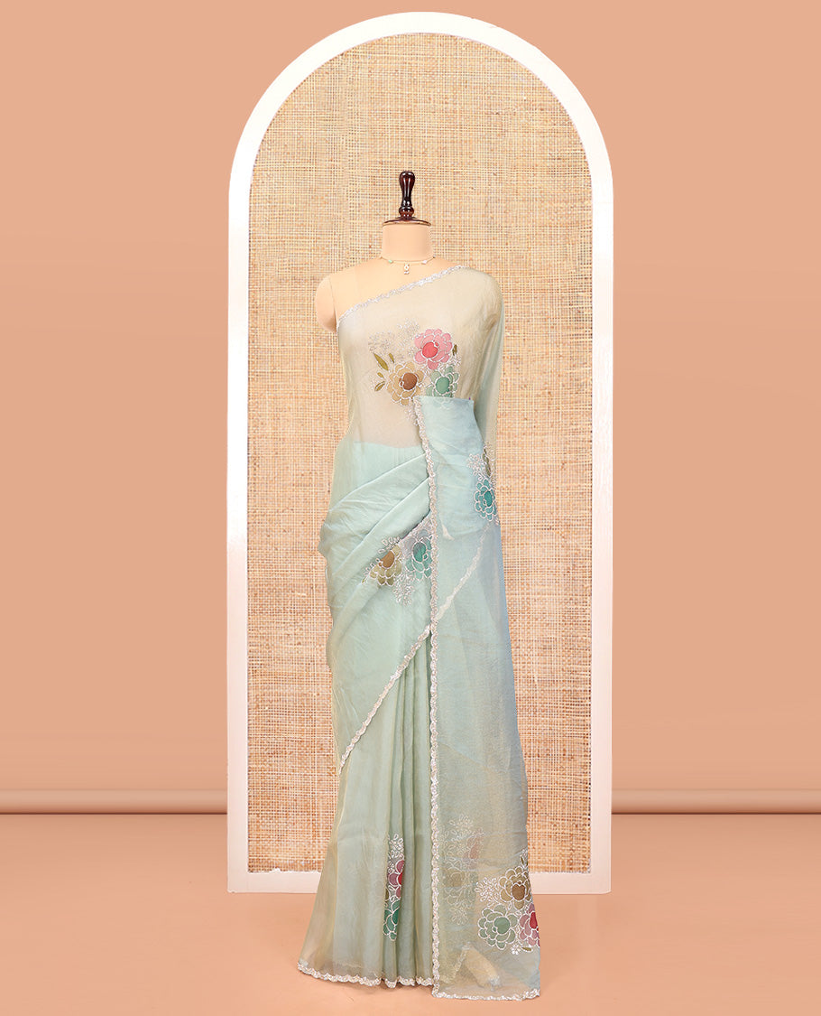 Blue Designer Saree, Creatively Designed with Floral Print and Outline Embroidery On Its Body, Scallop Stone Work Border, and Paired with a Matching Blouse