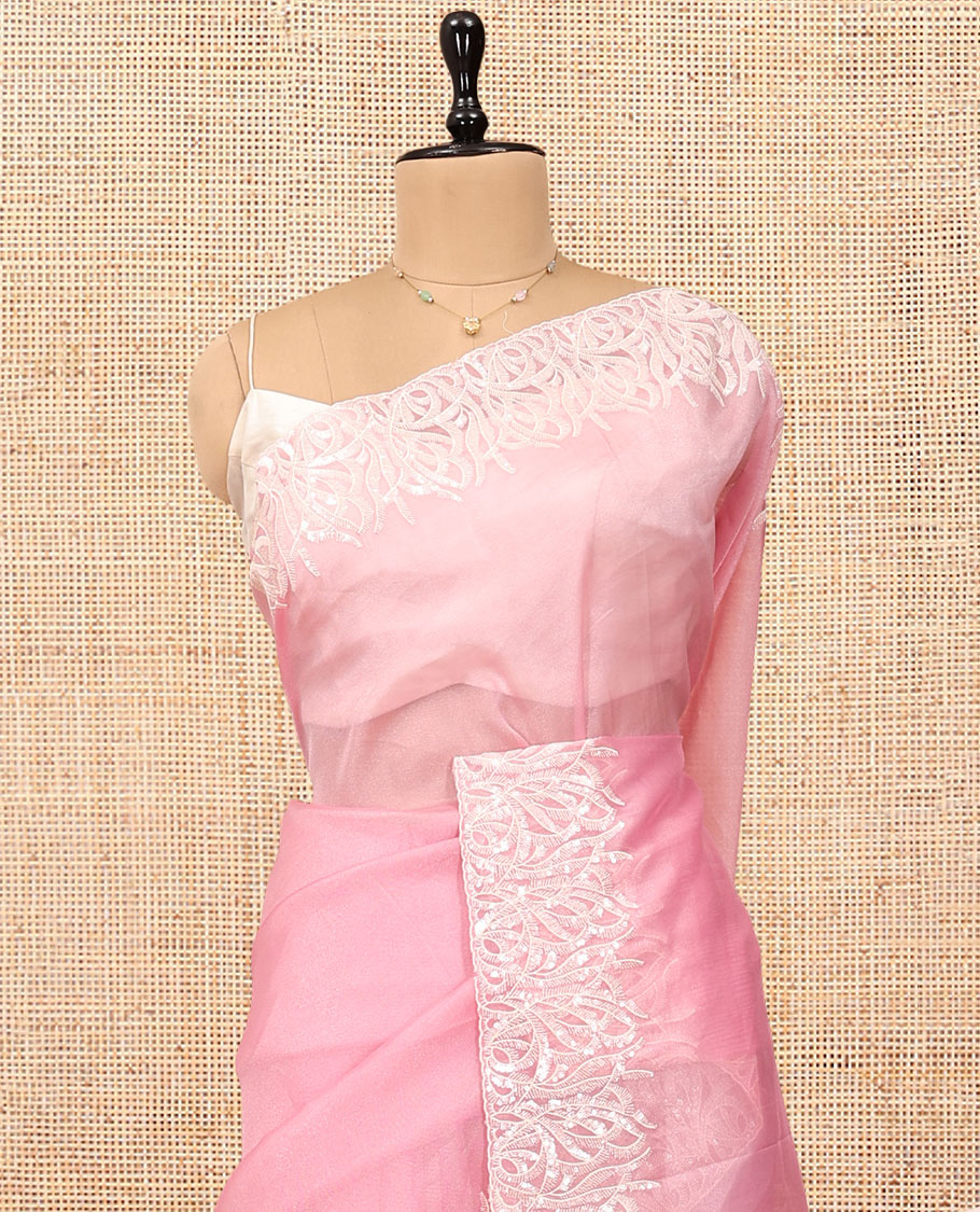 Pink Plain Organza Saree, Floral Vine Sequins Embroidery Border, and Matching Blouse