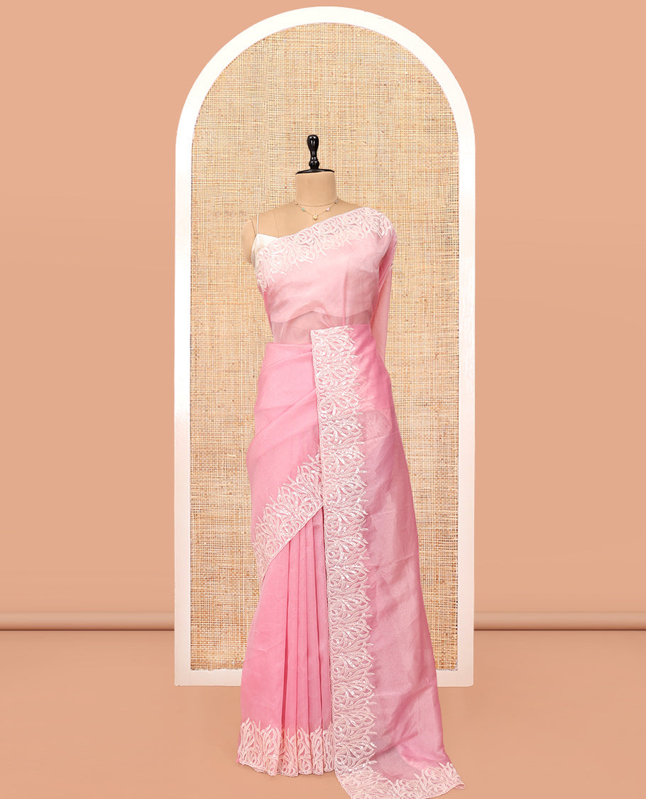 Pink Plain Organza Saree, Floral Vine Sequins Embroidery Border, and Matching Blouse