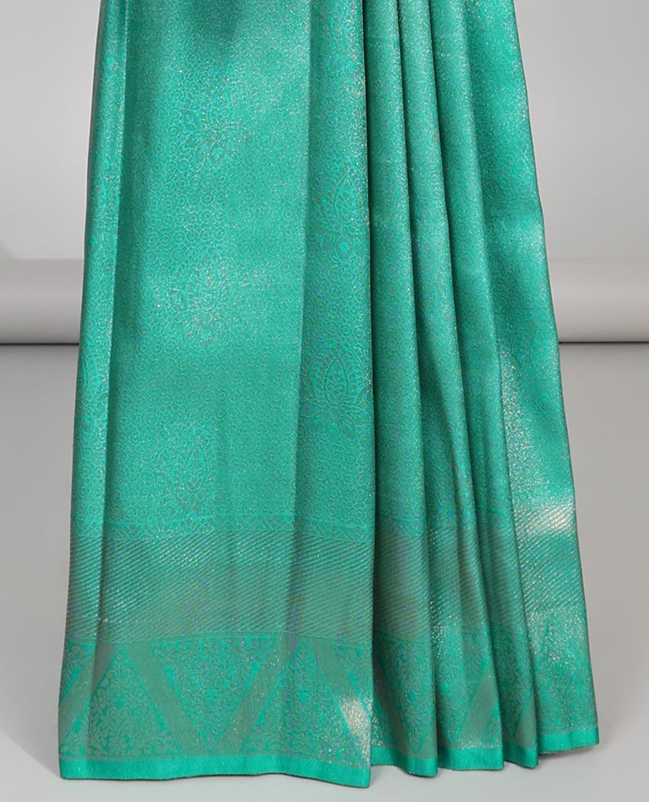 Blue floral jacquard softy saree with self geometric zari design border & intricate zari design pallu