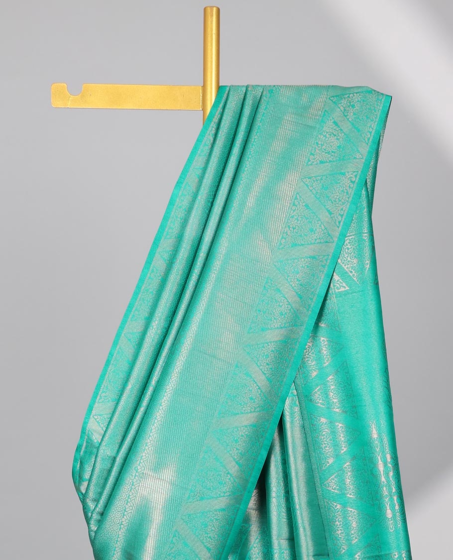 Blue floral jacquard softy saree with self geometric zari design border & intricate zari design pallu