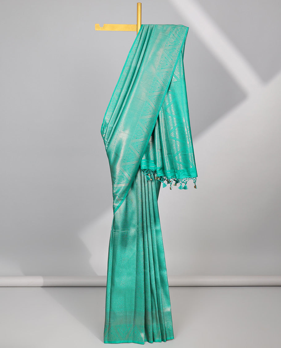 Blue floral jacquard softy saree with self geometric zari design border & intricate zari design pallu