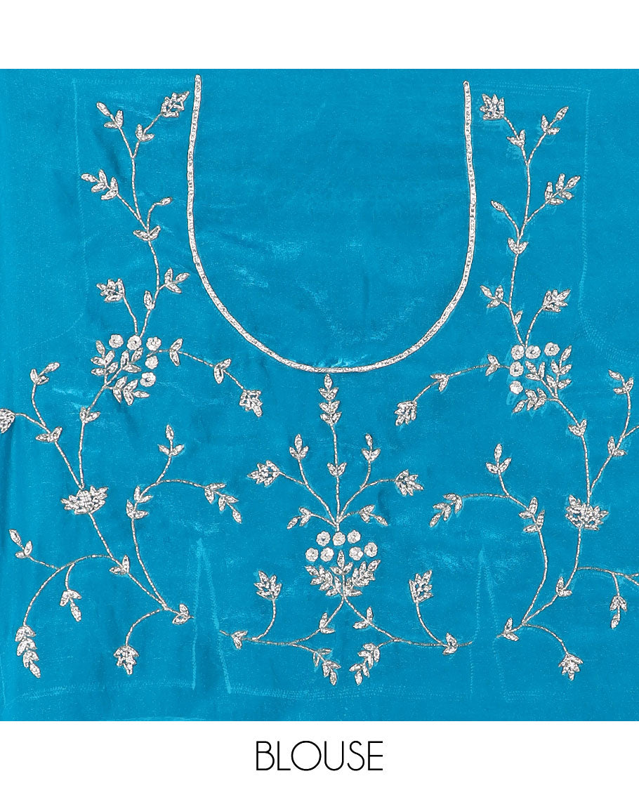 Blue stone and kardana floral vine embroidered designer saree, scallop stone work border