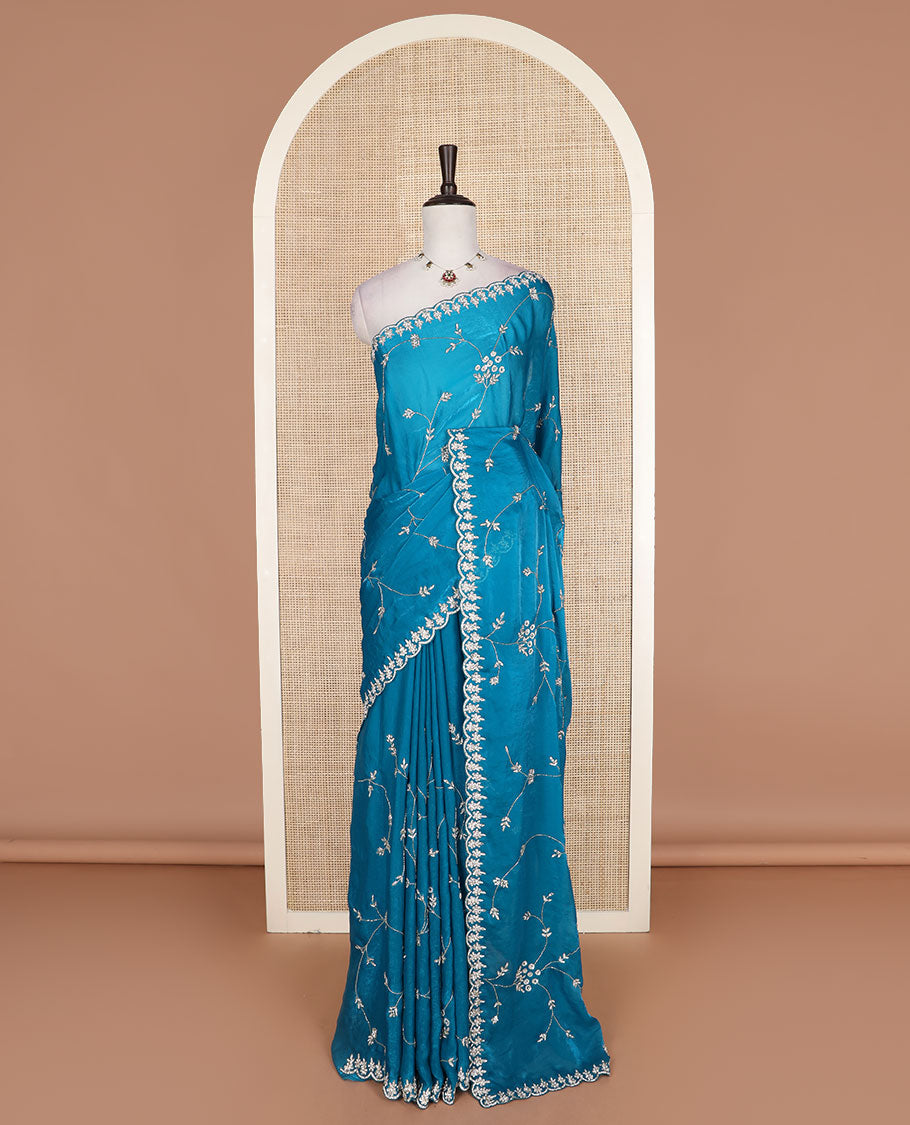 Blue stone and kardana floral vine embroidered designer saree, scallop stone work border