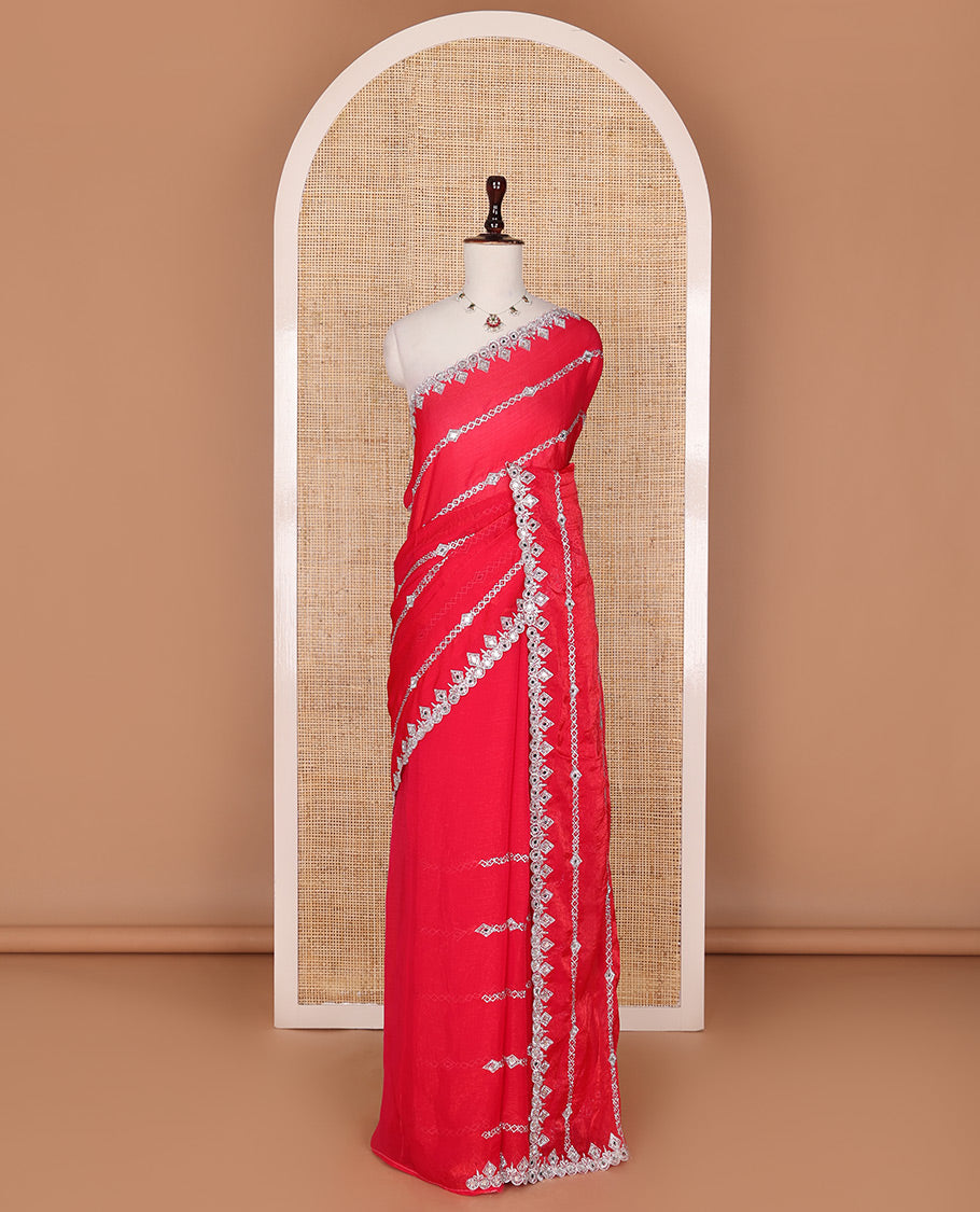 Red diamond stripes embroidered designer saree, scallop mirror embroidered border