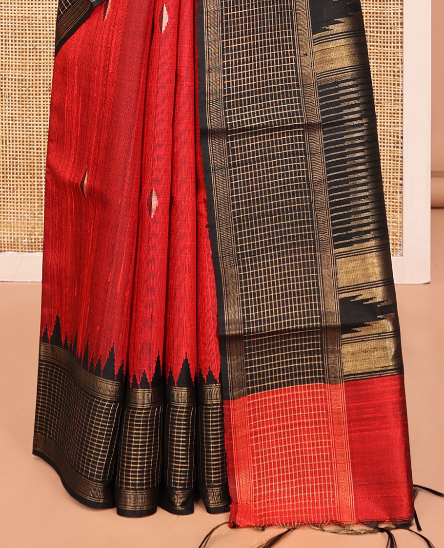 Red Dupion Silk Saree, Adorned with Buttas, Complemented by Contrast Temple-Checked Border, Temple Pallu, and a Contrast Blouse