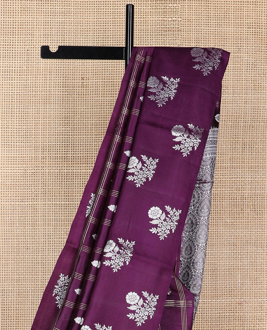 Purple checkered, floral motifs raw mango silk saree with self floral design border & jaal design pallu