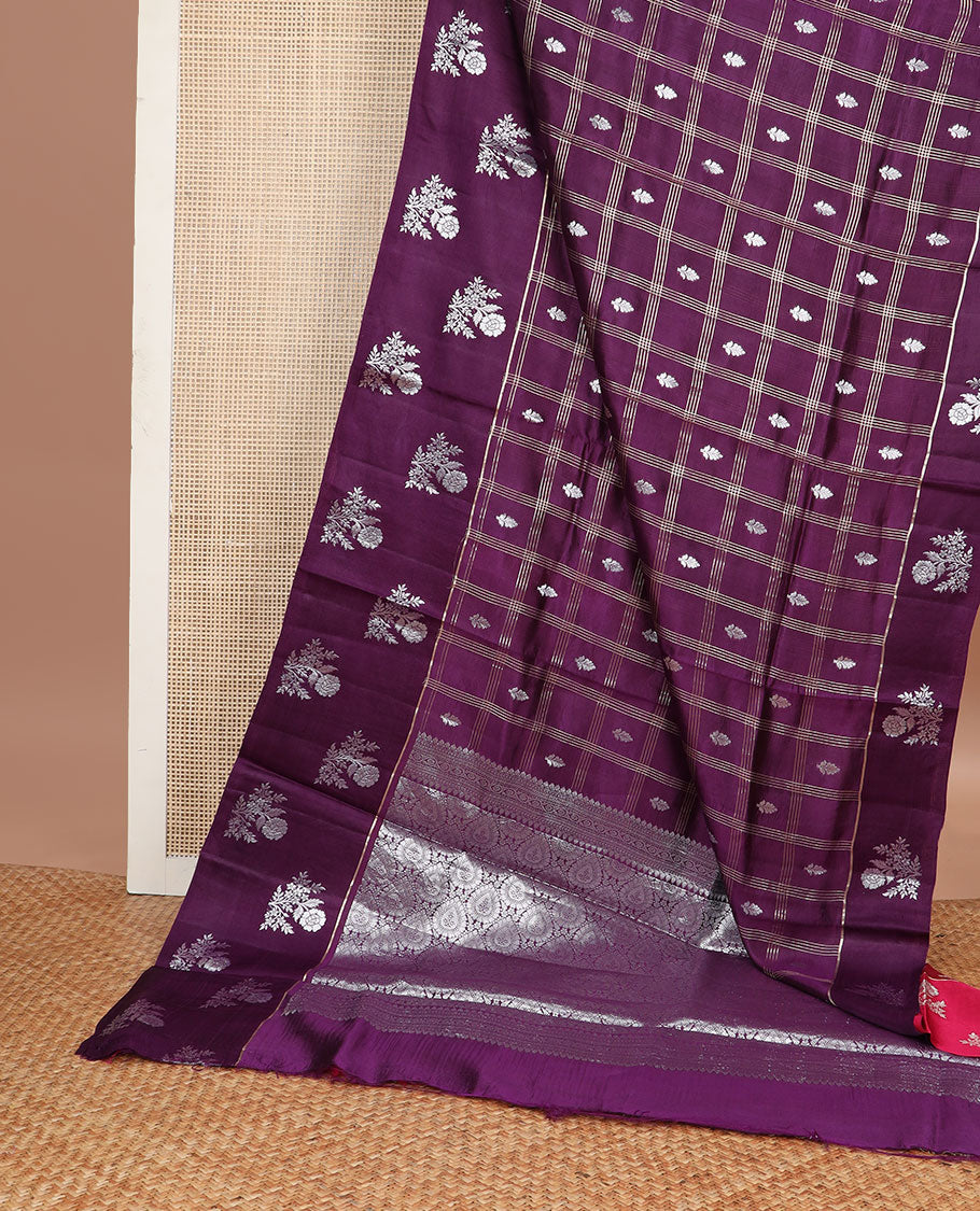 Purple checkered, floral motifs raw mango silk saree with self floral design border & jaal design pallu