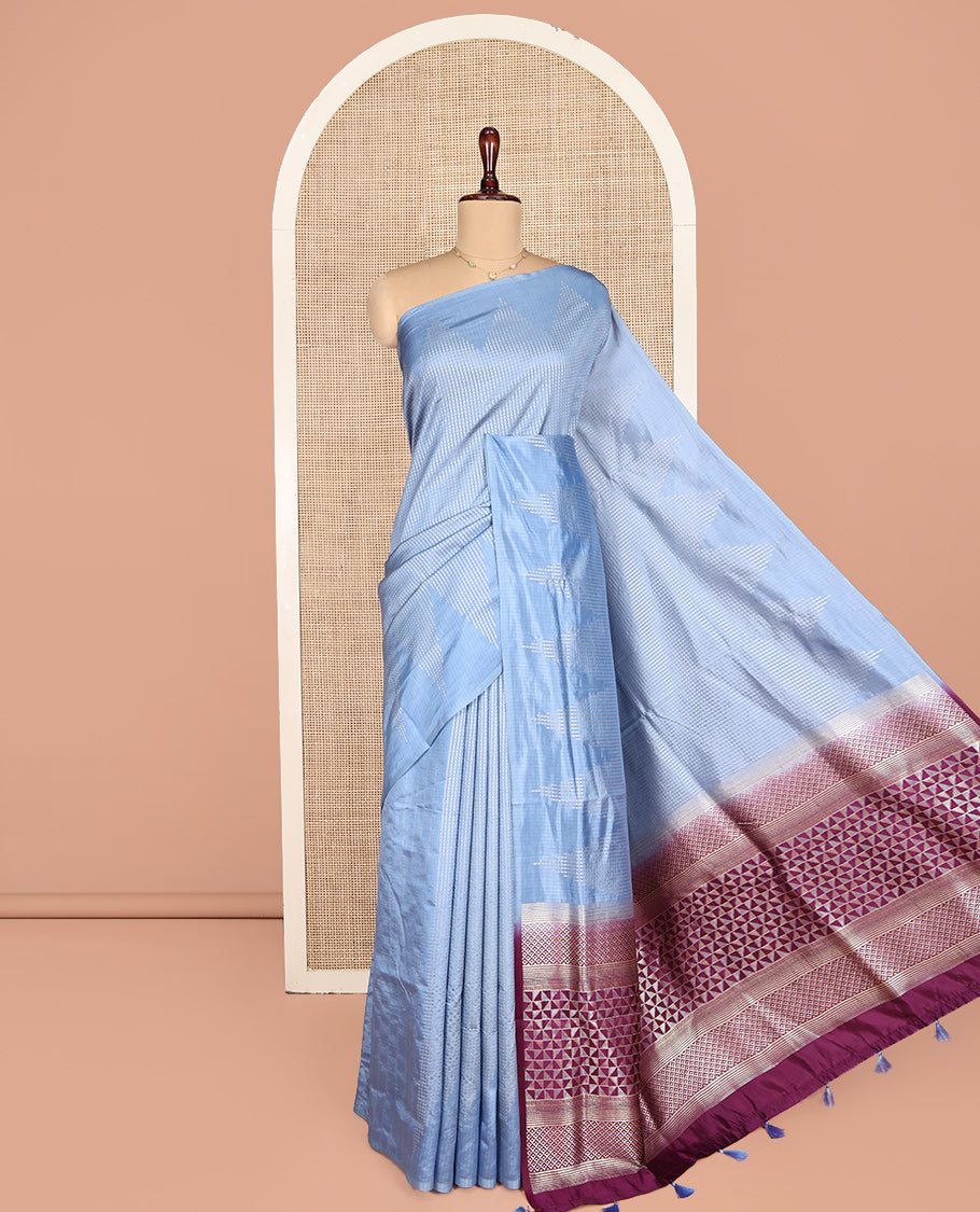 Blue Dupion Silk Saree, Woven with Micro-Checks, Highlighted by Temple Border, Complemented by a Contrast Geometric-Patterned Pallu, and a Contrast Blouse