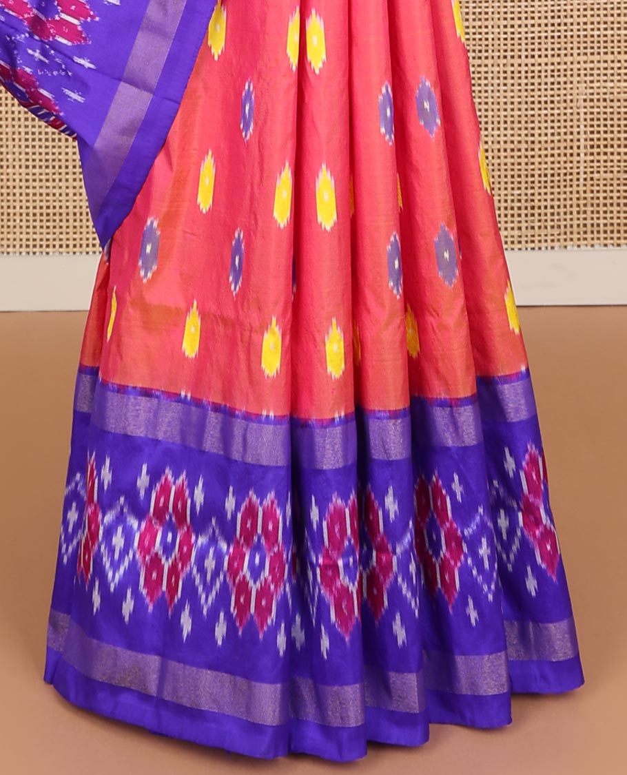 Red motifs ikkat sareewith contrast floral design border & argyle design pallu