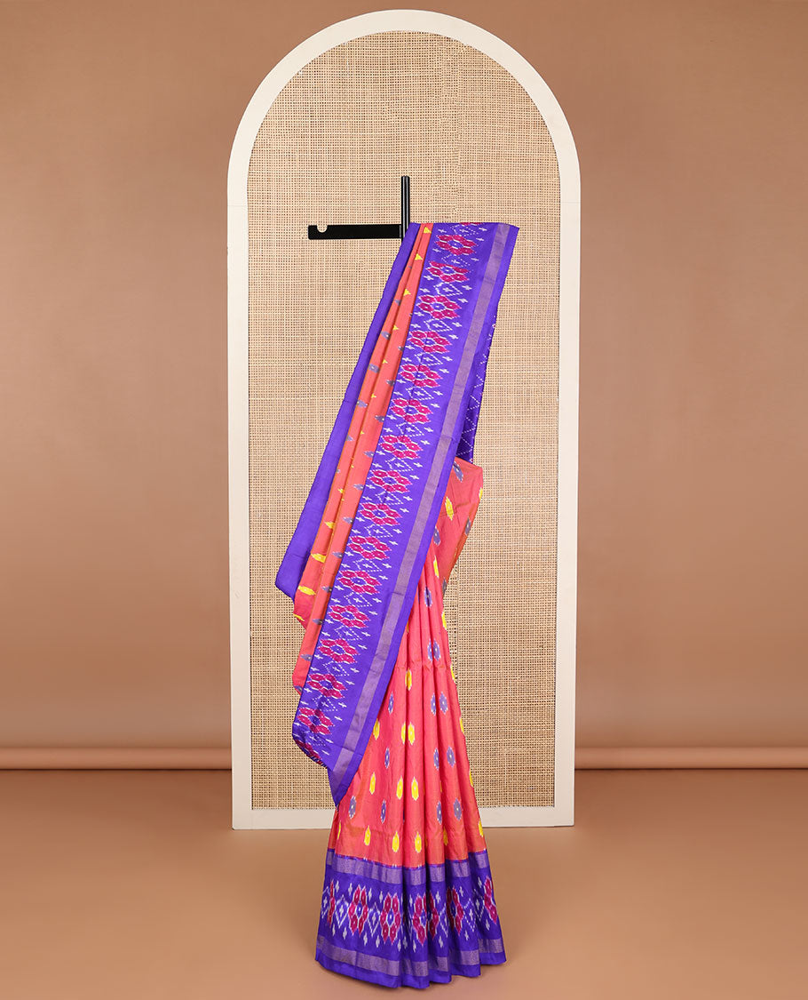 Red motifs ikkat sareewith contrast floral design border & argyle design pallu