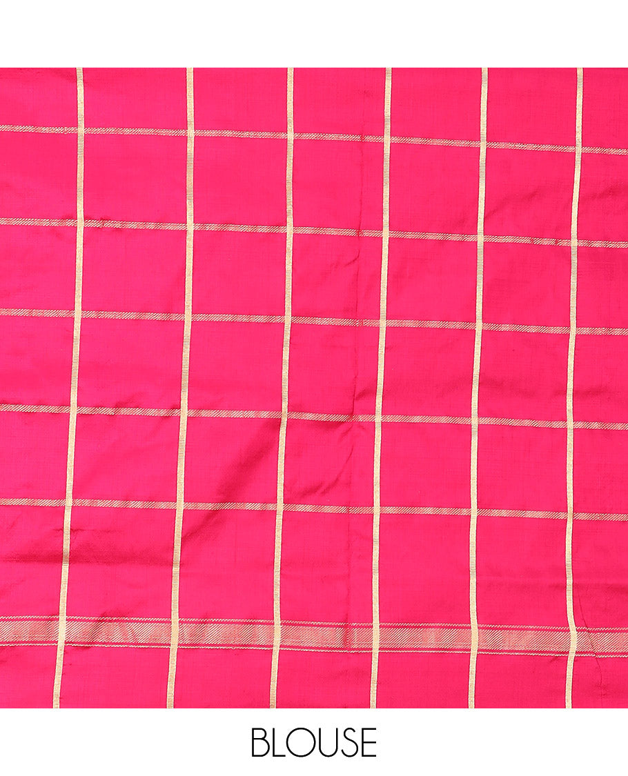 Cream and Pink Ikkat Silk Saree with Ikkat Buttas Enclosed in Checks, Complemented by a Contrast Ikkat Design Border, a Hazily Woven Pallu of Ikkat Patterns, and a Contrast Checked Blouse