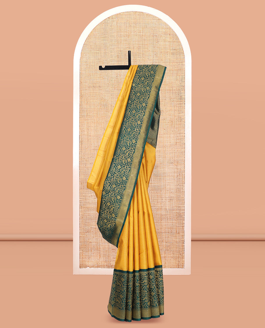 Yellow Micro-Checked Kanchipuram Silk Saree, Complemented by a Contrast Korvai Paithani-Style Border, Grand Jaal Pallu, and Contrast Blouse
