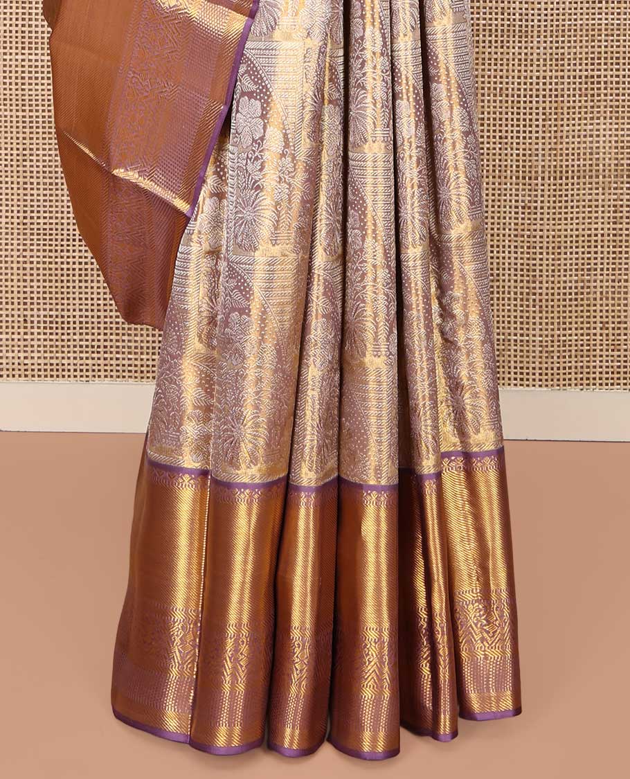 Grey-Gold Kanchipuram Tissue Silk Saree, Richly Detailed with Jacquard Design On Its Body, Complemented by Contrast Traditional Zari Designs Woven Border, Grandly Zari Designed Pallu and Paired with a Contrast Blouse