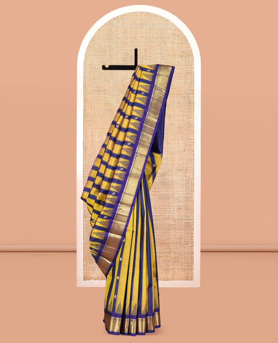 Yellow Kanchipuram Silk Saree, Crafted with Zari Buttas and Stripes, Highlighted by a One-Sided Zari Border of Thilakam Mokku, and Jaal Design, Zari Design Pallu, and a No Blouse