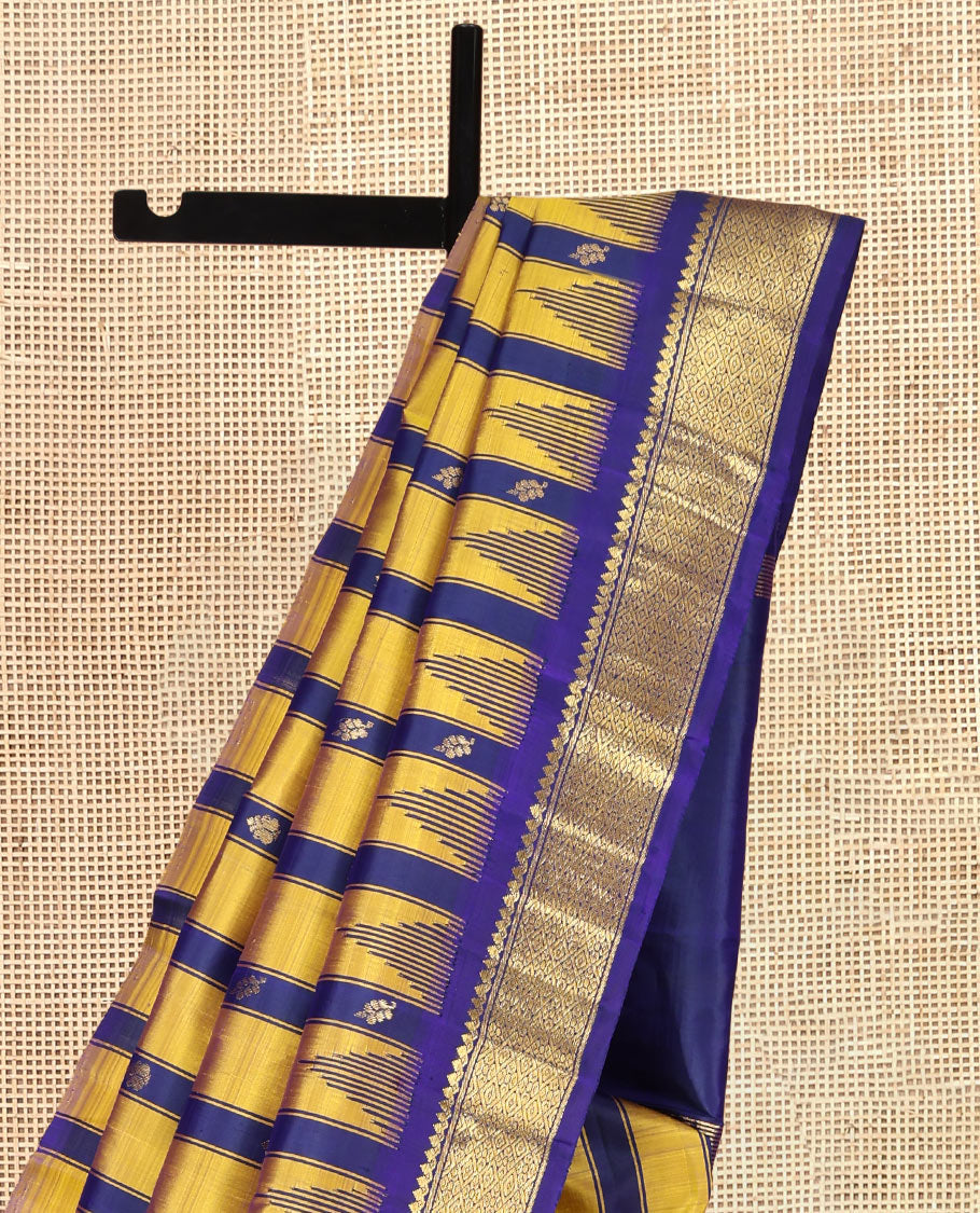 Yellow Kanchipuram Silk Saree, Crafted with Zari Buttas and Stripes, Highlighted by a One-Sided Zari Border of Thilakam Mokku, and Jaal Design, Zari Design Pallu, and a No Blouse