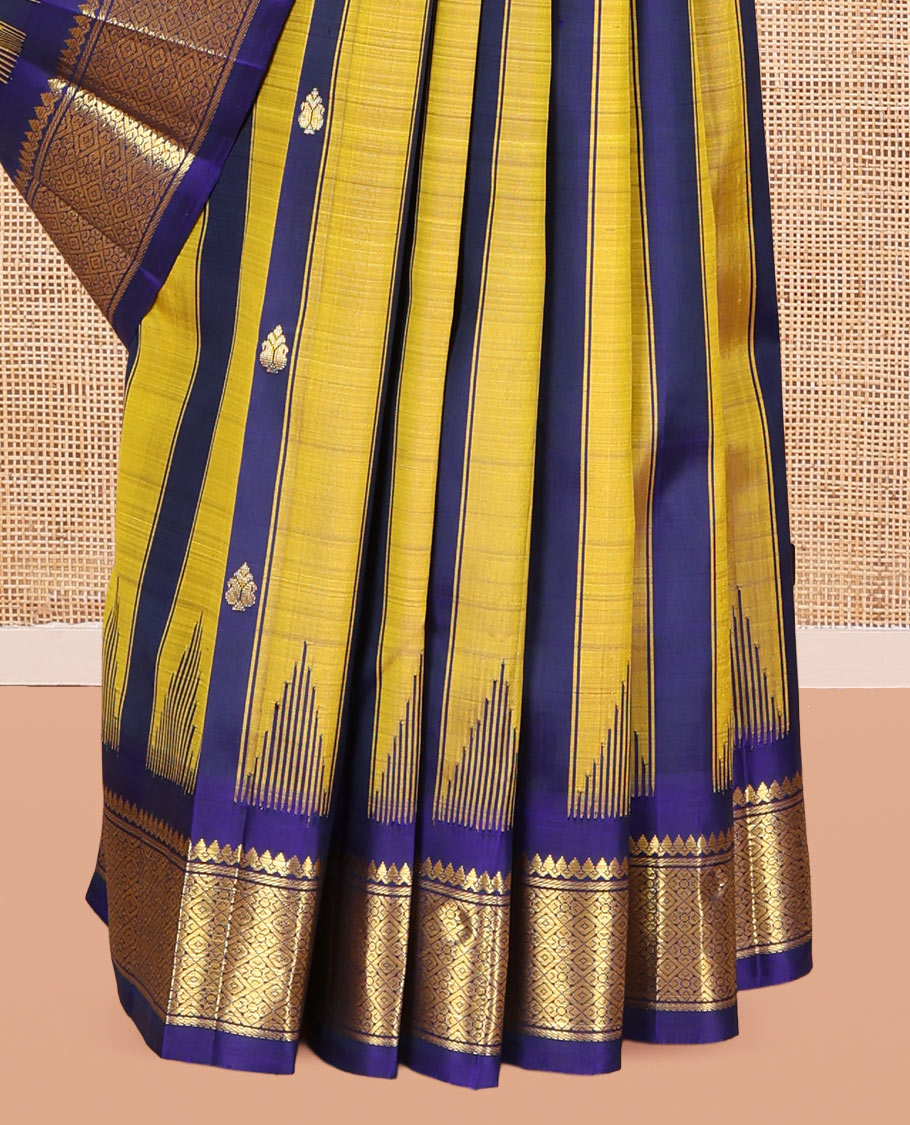 Yellow Kanchipuram Silk Saree, Crafted with Zari Buttas and Stripes, Highlighted by a One-Sided Zari Border of Thilakam Mokku, and Jaal Design, Zari Design Pallu, and a No Blouse