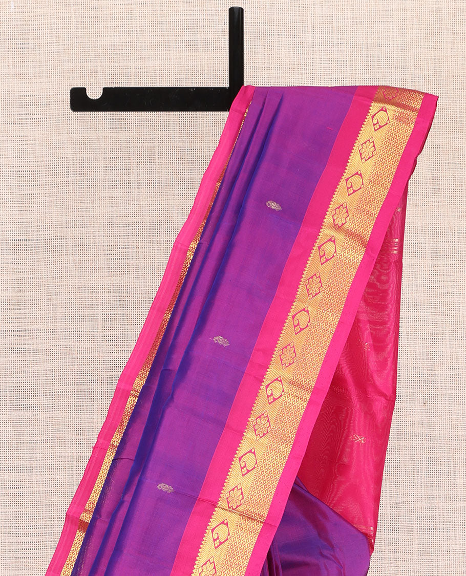 Violet Kanchipuram Silk Saree, Adorned with Zari Buttas, a Contrast Border of Rekku, Manga, Diamond and Mayil Kann Designs, Zari Design Pallu, and a Contrast Blouse