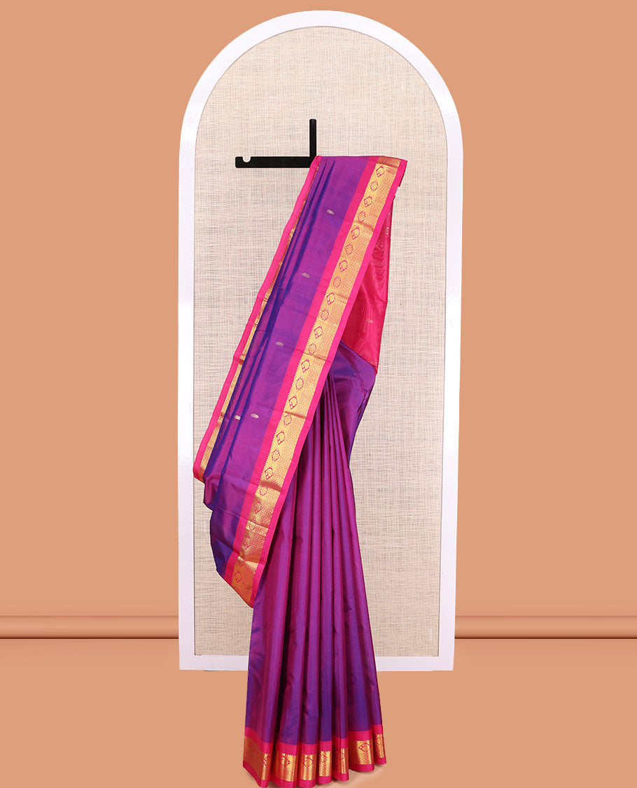 Violet Kanchipuram Silk Saree, Adorned with Zari Buttas, a Contrast Border of Rekku, Manga, Diamond and Mayil Kann Designs, Zari Design Pallu, and a Contrast Blouse