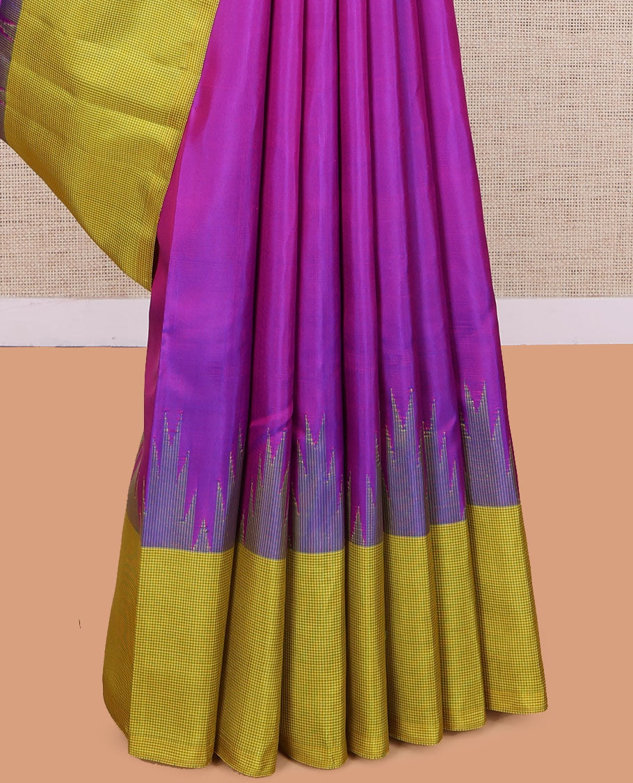 Purple Plain Kanchipuram Silk Saree, Complemented by Contrast Thazampoo Rekku Kasa-Kasa Checked Border, Kasa-Kasa Checked Pallu, and a Contrast Blouse