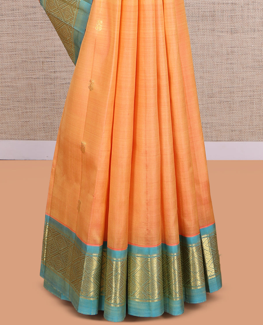 Orange Kanchipuram Silk Saree, Accentuated with Zari Buttas, a Contrast One-Sided Border of Banaras and Jaal Design, Zari Design Pallu, and No Blouse