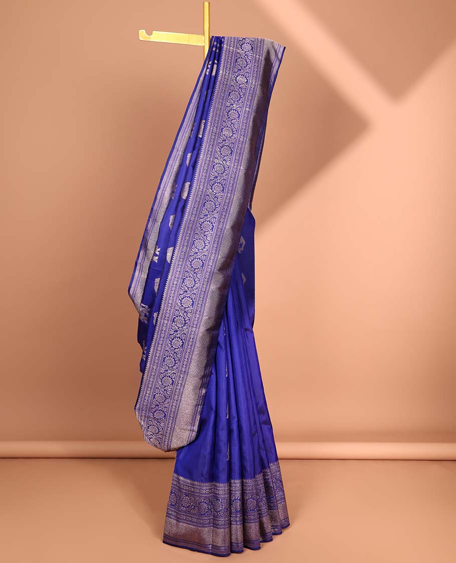 Blue elephant buttas silk saree , intricate pallu & border of thilkam mokku , muthu, banaras & jaal design