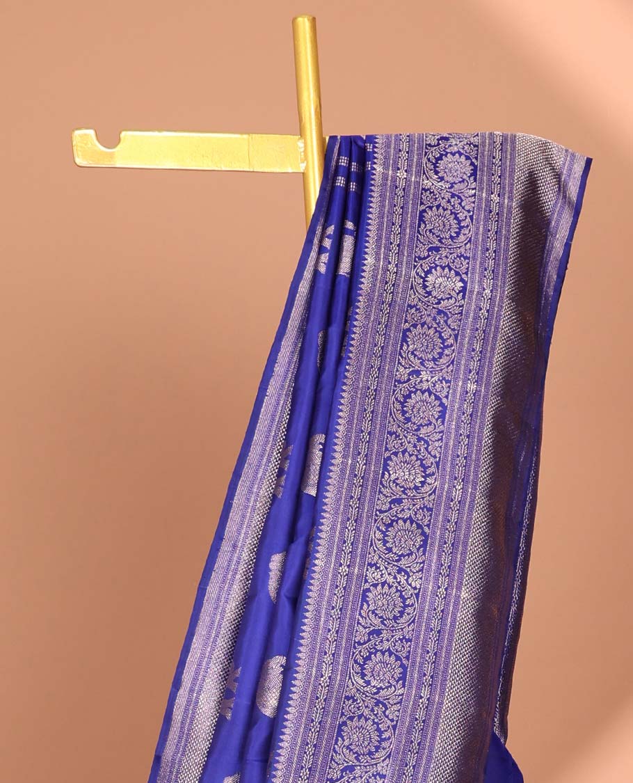 Blue elephant buttas silk saree , intricate pallu & border of thilkam mokku , muthu, banaras & jaal design