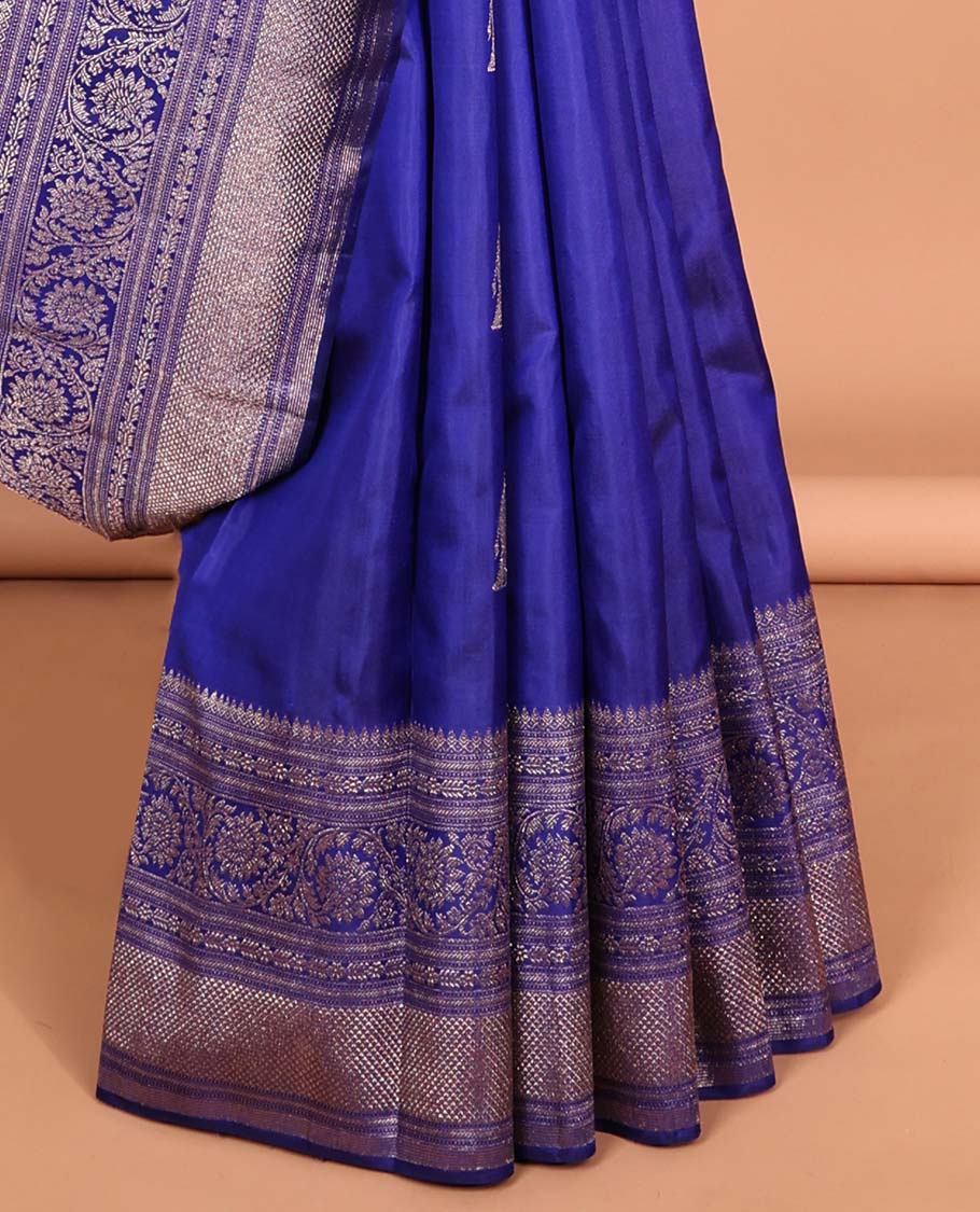 Blue elephant buttas silk saree , intricate pallu & border of thilkam mokku , muthu, banaras & jaal design