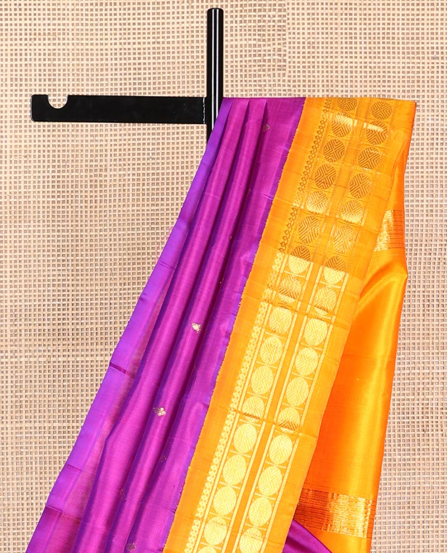 Purple buttas kancheepuram silk saree with contrast korvai border of thilakam mokku, paun design & zari design pallu
