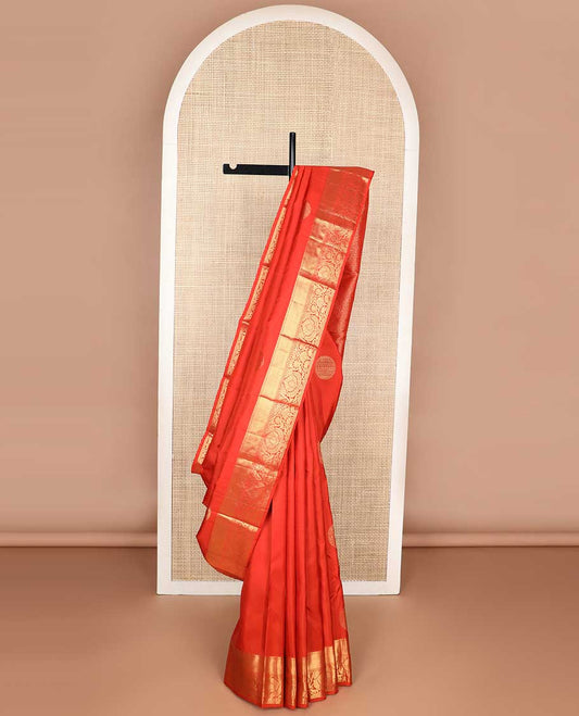 Red buttas kancheepuram silk saree with self border of rekku, banaras, kodi visiry design & jaal design pallu