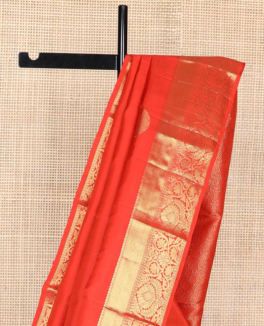 Red buttas kancheepuram silk saree with self border of rekku, banaras, kodi visiry design & jaal design pallu
