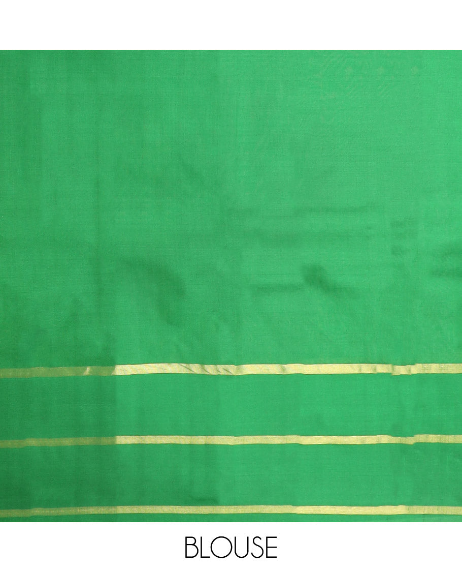 Orange buttas kancheepuram silk saree with contrast zari border & striped, floral motifs pallu