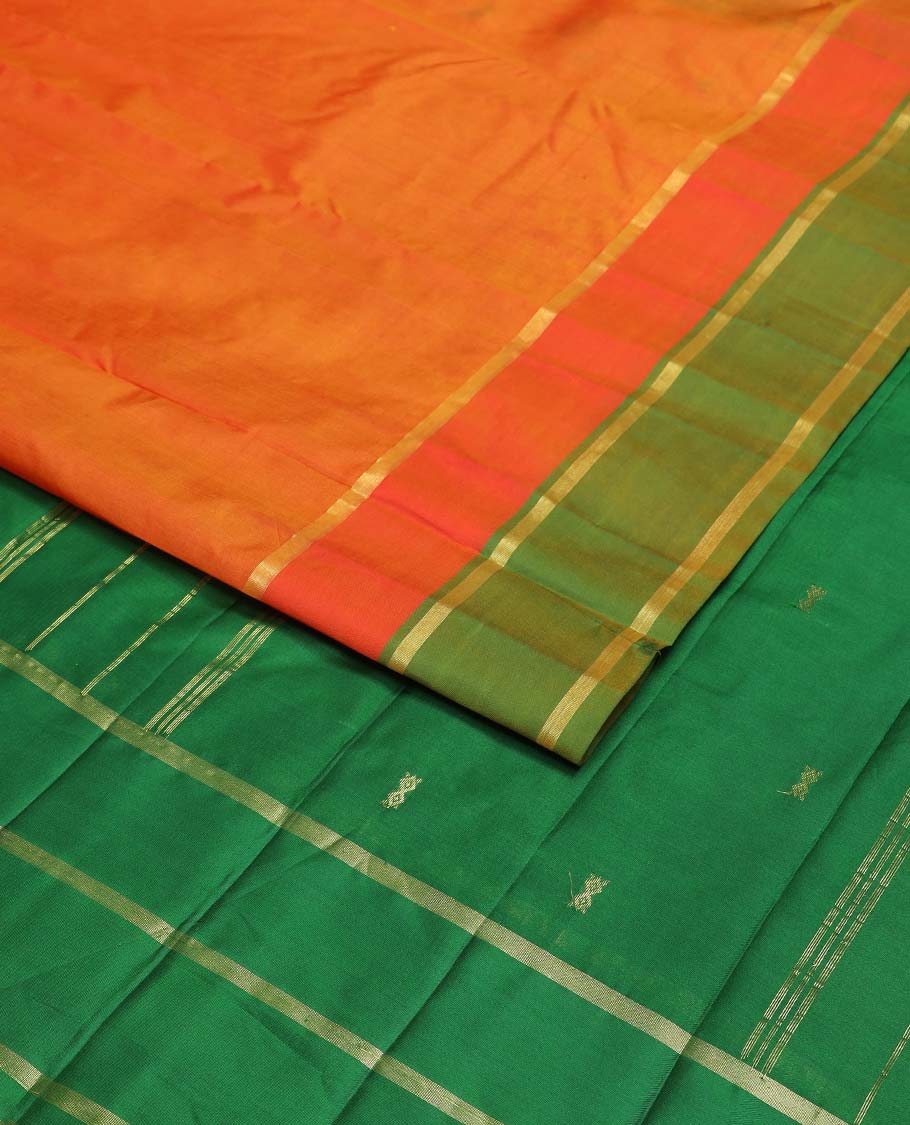 Orange buttas kancheepuram silk saree with contrast zari border & striped, floral motifs pallu