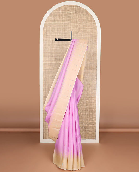 Pink geometric design kancheepuram silk saree with contrast temple border & striped pallu