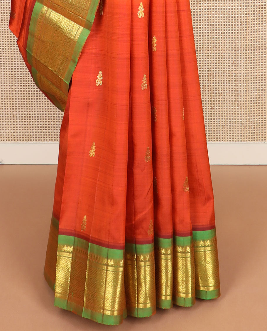 Orange zari buttas Kanchipuram silk saree, contrast one-sided border of thilakam mokku,banaras & jaal & zari design pallu