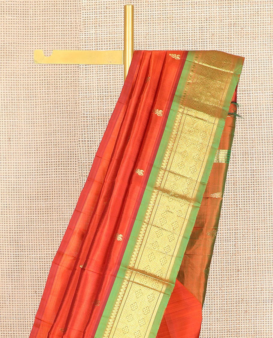 Orange zari buttas Kanchipuram silk saree, contrast one-sided border of thilakam mokku,banaras & jaal & zari design pallu
