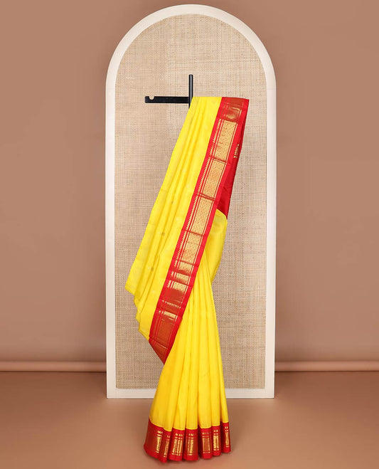 Yellow zari buttas kanchipuram silk saree, contrast korvai one-sided zari border of salngai & jaal & zari design pallu